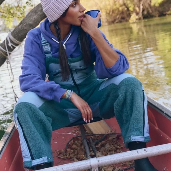 Free People Hit The Slopes Overalls Fleece Nylon Zipper Jade Blue - Picture 9 of 9